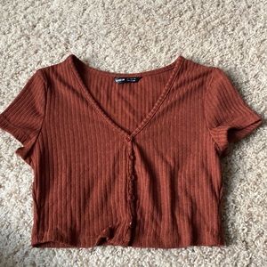 Brown-Red Ribbed Button Down Baby Tee